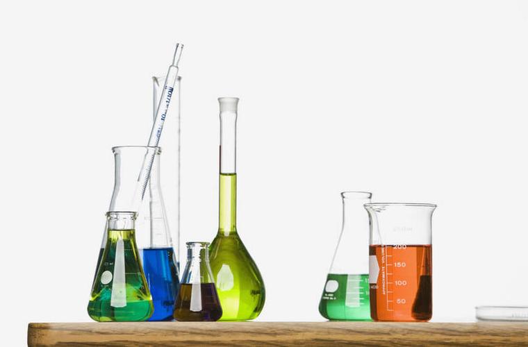 测试,木制,烧杯,烧瓶,液体,锥形瓶,水滴,玻璃制品,蓝色,绿色,玻璃棒